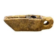 ANTIQUE HAND CARVED ISLAMIC STONE ANCIENT OIL LAMP WITH CARVED DESIGN, CIRCA 15TH CENTURY