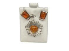 STERLING SILVER AMBER PENDANT AND EARRINGS