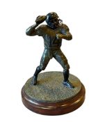 BRONZE TABLETOP FOOTBALL QUARTERBACK SCULPTURE ON A WOOD BASE