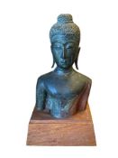 ARCHEOLOGICAL FIND THAI U-TONG 15TH CENTURY BRONZE AND WOOD SCULPTED BUST SCULPTURE WITH WOODEN B...