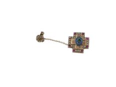 ANTIQUE 14K YELLOW GOLD FRATERNITY PIN ACCENTED WITH SEED PEARLS AND RUBIES AND EMERALD IN CENTER
