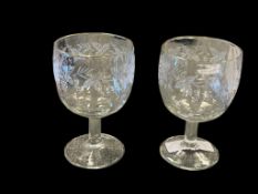 BARTLETT COLLINS ETCHED GRAPE ANND THUMBPRINT WINE GOBLETS SET OF TWO WITH GILT RIM