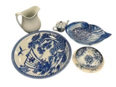 LOT OF BLUE AND WHITE STONEWARE PIECES FEATURING AN ANTIQUE JOHN EDWARDS IRONSTONE PITCHER