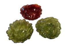 INDIANA GLASS AVOCADO GREEN AND RED GLASS TEXTURED GLASS BOWLS