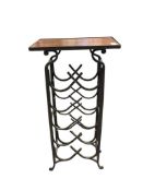 IRON AND WOOD 10 BOTTLE STANDING WINE RACK WITH TABLETOP