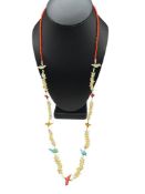 VINTAGE ZUNI BIRD FETISH NECKLACE FEATURING CORAL AND BONE CARVED BEADS
