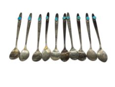 SET OF 10 NAVAJO F.L. BEGAY SIGNED STERLING SILVER TURQUOISE ADORNED SPOONS