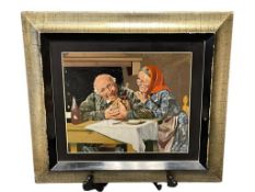 20TH CENTURY SEMI-PRECIOUS STONE INLAY ART OF A EUROPEAN ELDER COUPLE BY VELGA
