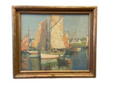 EDGAR ALWIN PAYNE WESTERN AMERICAN PAINTER OIL SERIGRAPH ON MASONITE BOARD BRITTANY BOATS