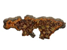 1970'S LIVE EDGE REDWOOD SLAB WALL HANGING WITH MARIJUANA LEAVES DECORATING TOP AND LACQUERED FIN...