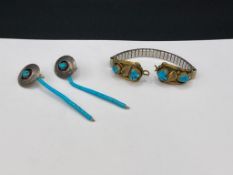 VINTAGE NATIVE AMERICAN DESIGN STERLING SILVER DANGLE EARRINGS AND TOOLED BRASS TURQUOISE WATCH T...