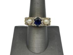 MEN'S 14K YELLOW GOLD BLUE SAPPHIRE, DIAMOND, AND PEARL RING