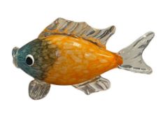 HAND BLOWN ART GLASS FISH FIGURINE IN CLEAR, BLUE, AND ORANGE