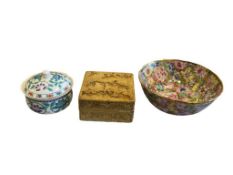 LOT OF 3 ASIAN PIECES COVERED DISH A RESIN CARVED TRINKET BOX AND A HAND PAINTED GILDED BOWL