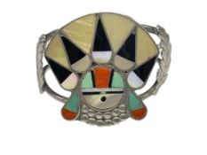 VINTAGE SIGNED ZUNI NATIVE AMERICAN STERLING SILVER INLAID SUNFACE CUFF BRACELET FEATURING TURQUO...