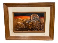 VINTAGE CLE PEARSON COPPER RELIEF WALL ART OF A FRONTIERSMAN CROSSING THE PLAINS