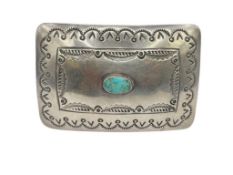 VINTAGE SIGNED NAVAJO NATIVE AMERICAN STERLING SILVER TURQUOISE AND STAMPED PATTERN BELT BUCKLE