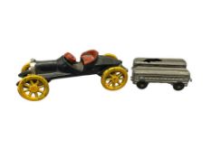 VINTAGE UNPAINTED DIE-CAST NEW YORK FLYER TRAIN CARS AND REPRODUCTION RACE CAST IRON RACE CAR