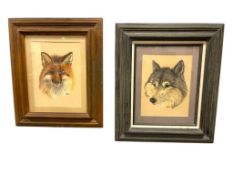 J. ARNS ORIGINAL PASTERL ANIMAL PORTRAIT DRAWINGS OF A WOLF AND RED FOX