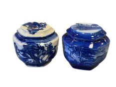 ENGLISH CHINOSERIE POTTERY JARS WITH COBALT BLUE IMAGERY VICTORIA IRONSTONE AND HOMESTEAD FLO BLUE