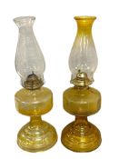 VINTAGE 1950'S P&A RISDON AMBER GLASS OIL LAMPS EACH WIHT CHIMNEY