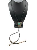 VINTAGE STERLING SILVER TURQUOISE BOLO TIE FEATURING TOOLED FIGURAL FEATHER AND ROSE ACCENT