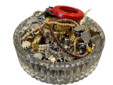 WATERFORD CRYSTAL COASTER FULL OF JEWELRY CHARMS, BRACELETS, RINGS, EARRINGS, ETC.