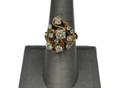 14K YELLOW GOLD DIAMOND FREEFORM CLUSTER RING FEATURING 11 ROUND BRILLIANT CUT DIAMONDS