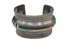 ANTIQUE HOPI PRESTON MONONGYE NATIVE AMERICAN INLAID TURQUOISE, CORAL, ONYX, AND BONE CUFF BRACELET