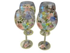 SET OF FOUR FORAL HAND PAINTED WINE GLASSES