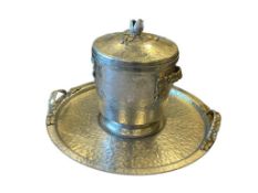 RODNEY KENT HAND WROUGHT CREATIONS HAMMERED ALUMINUM ICE BUCKET AND MATCHING TRAY