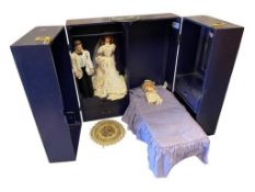 HAND CRAFTED DOLL TRAVEL WARDROBE / DOLL BOX WITH THREE DOLLS