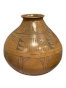 LARGE NATIVE AMERICAN HAND CRAFTED POTTERY WATER JUG WITH GEOMETRIC DESIGN, SIGNED BY ARTIST