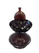 COLLECTION OF AMETHYST PURPLE GLASS INCLUDIING TWO PYREX BOWLS, HAND BLOWN CANNISTER VASE AND BOWL