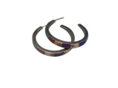 VNITAGE MEXICO STERLING SILVER INLAID STONE 3/4 HOOP EARRINGS