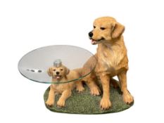 CONTINENTAL CREATIONS GOLDEN RETRIEVER HEAVY RESIN FIGURAL DISPLAY TABLE WITH GLASS TOP