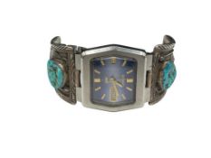 VINTAGE NAVAJO NATIVE AMERICAN SIGNED STERLING SILVER TURQUOISE WATCH TIPS WITH SEIKO WATCH