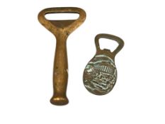 TWO VINTAGE BRASS AND BRONZE BOTTLE OPENERS INCLUDING GREECE SOUVENIR OPENER