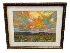 IRENE TAYLOR GARDNERVILLE, NEVADA ARTIST ORIGINAL PASTEL ON CANVAS BOARD TITLED BLAZING SUNSET