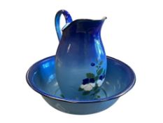 1930'S FRENCH BLUE ENAMELED WASH BASIN WITH STENCIL FLORAL DESIGN AND PITCHER
