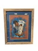 VALENCIA ORIGINAL OIL PASTEL ON PAPER OF NATIVE AMERICAN MOTHER HOLDING CHILD IN CRADLEBOARD