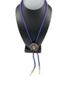 VINTAGE SIGNED WANDA SCRUBY PEWTER WOMAN GODDESS BOLO TIE WITH PURPLE STRAND