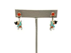 VINTAGE ZUNI NATIVE AMERICAN SIGNED STERLING SILVER INLAID DANGLE EARRINGS
