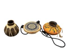 TWO NATIVE AMERICAN CLAY POTS ONE IS TARAHUMARA AND ONE SMALL WOOD DRUM