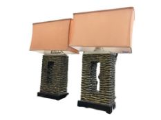 PAIR OF HEAVY CERAMIC BRONZE TEXTURED RECTANGLE TABLE LAMPS