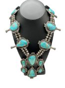 ANTIQUE LARGE NAVAJO NATIVE AMERICAN SIGNED STERLING SILVER TURQUOISE SQUASH BLOSSOM NECKLACE