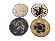 20TH CENTURY CHINESE CLOISONNE ENAMELED SMALL TRINKET DISHES WITH DRAGON, BAT, AND FLORAL DESIGN