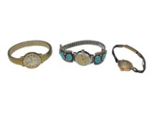 THREE LADIES WATCHES INCLUDING ONE WITH NAVAJO STERLING SILVER AND TURQUOISE WATCH TIPS