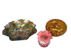 COLLECTIBLE ART GLASS FENTON HOBNAIL BOWL, MARIGOLD AND COBALT CRNIVAL GLASS BOWLS