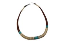 ANTIQUE NATIVE AMERICAN HEISHI BEAD NECKLACE FEATURING GRADUATED TURQUOISE, CORAL, AND BONE BEADS